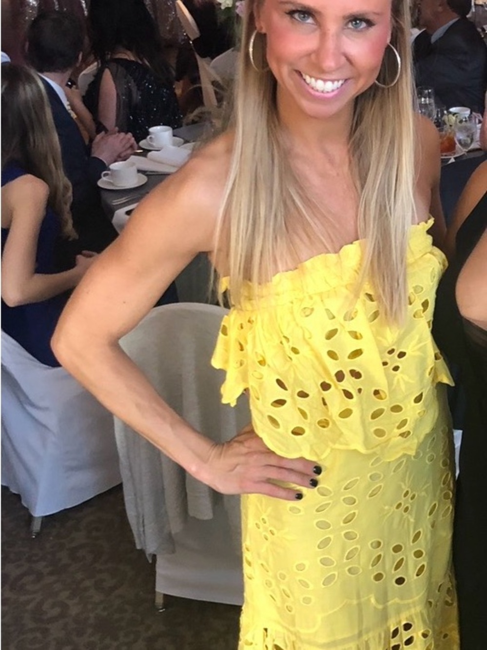 Selfie Leslie Yellow Strapless Eyelet Ruffle Maxi Dress two piece outfit XS